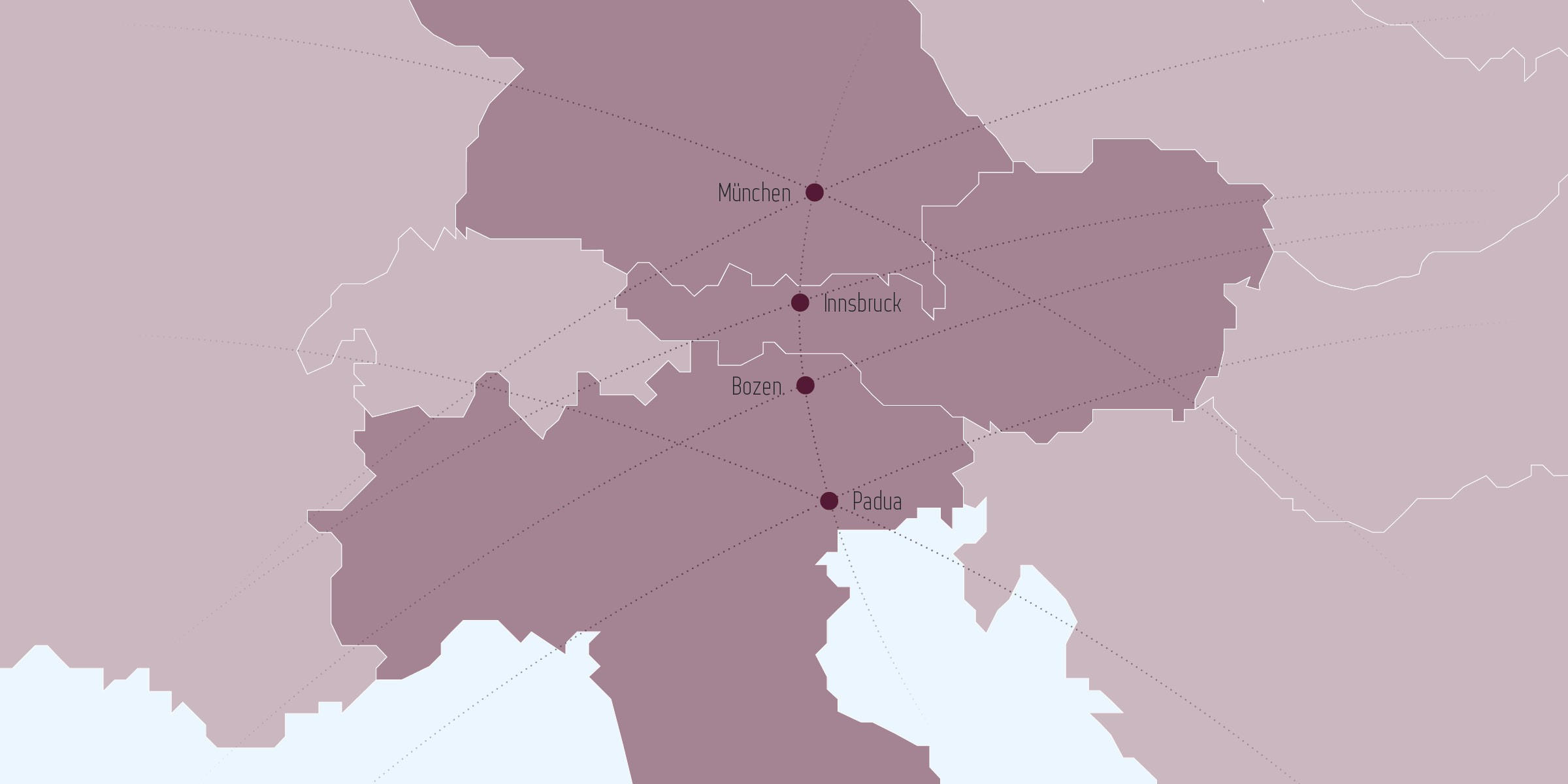 Grafik mit den Standorten der Kanzlei Perathoner & Partner - Wirtschaftsrecht in Italien